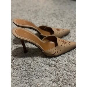 FerrettiMulesHeelsTanLeather Pointed Toe Star Cutout  6 Made in Italy